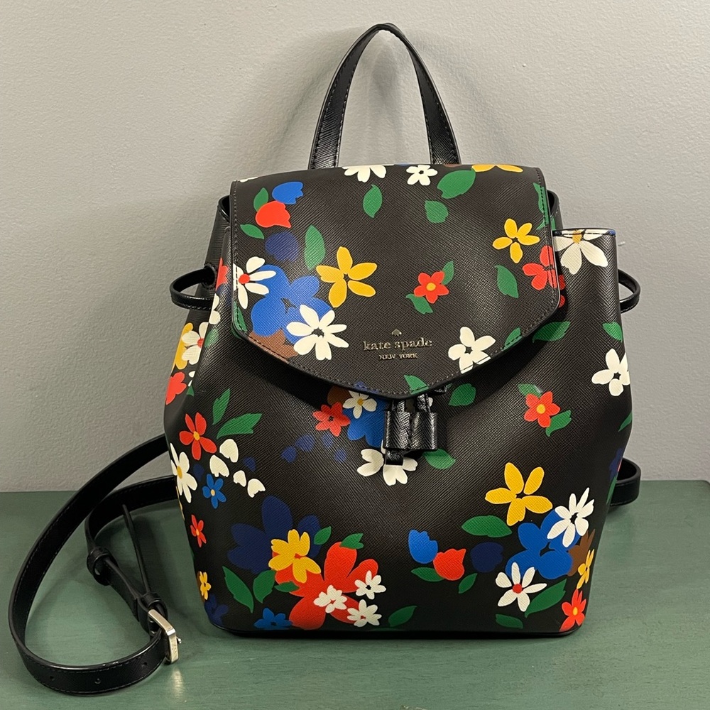 Kate Spade Leila Floral Flap Backpack In black Multi color floral Purse